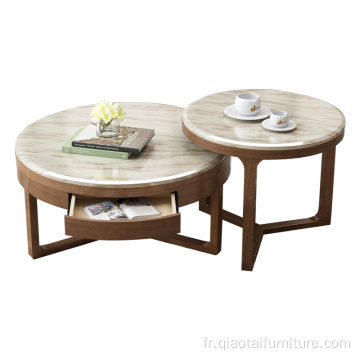 Combinaison de table basse ronde en bois massif en marbre